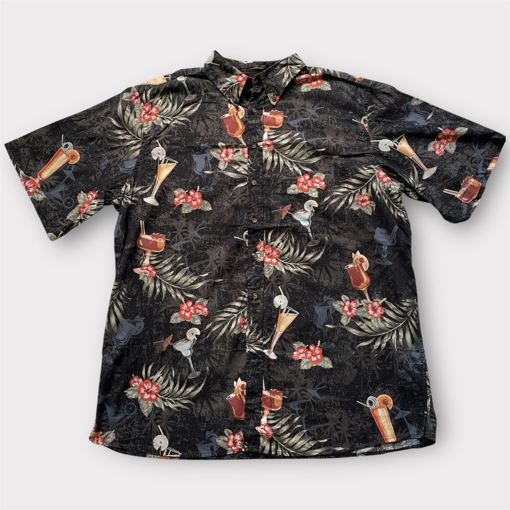 Harbor Bay Button Down Hawaiian Shirt Men's XLT Black Gray Top Floral Cocktails